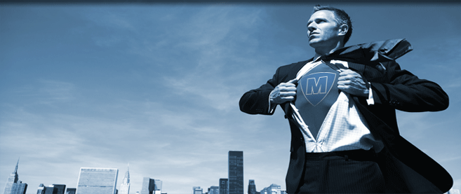 Business executive revealing undershirt with M Force logo on it